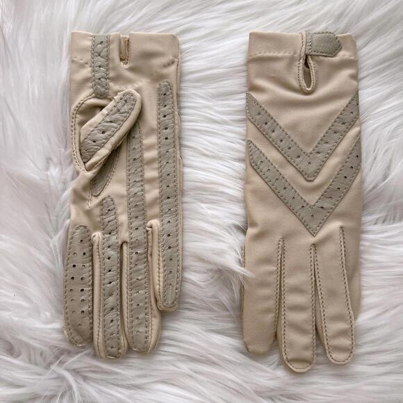 Vintage Isotoner Bone one size gloves leather trimmed stretch - Picture 2 of 7